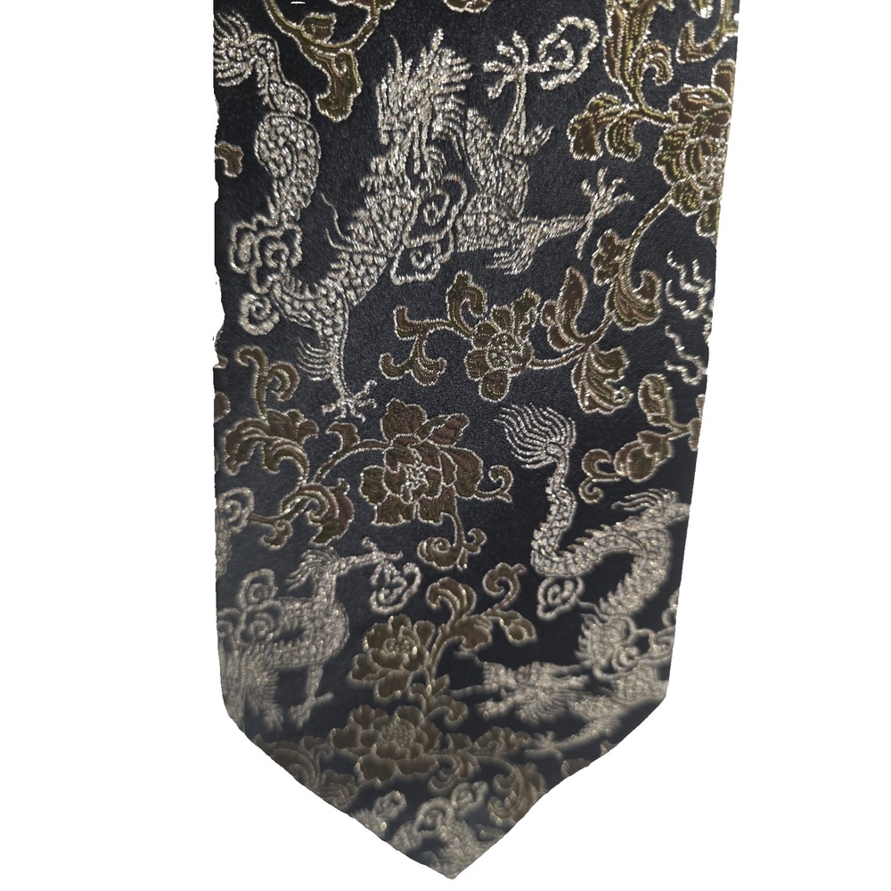 Nanjing Yun Brocade Research Institute Mens Black Gold Metallic Silk Dragon Tie